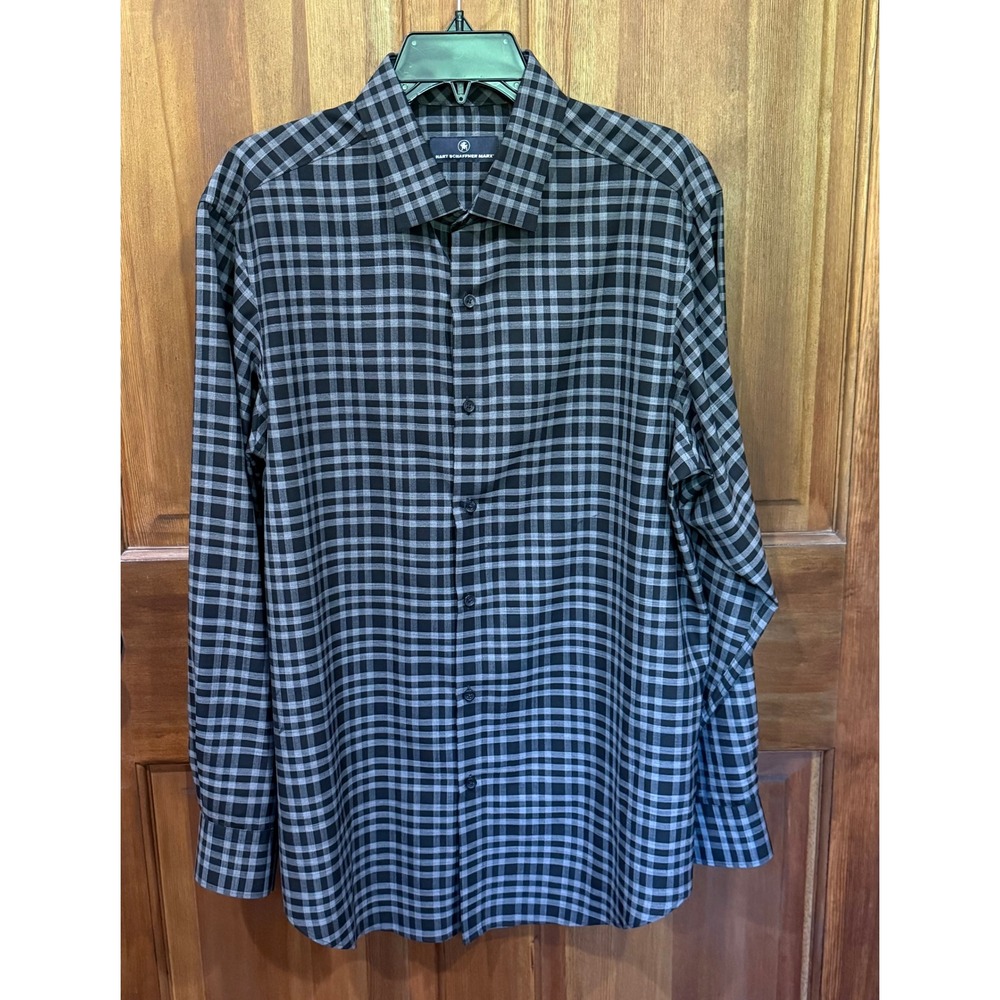Hart Schaffner‎ Marx Mens 100% Wool Plaid Button Down Shirt Grey Black Large
